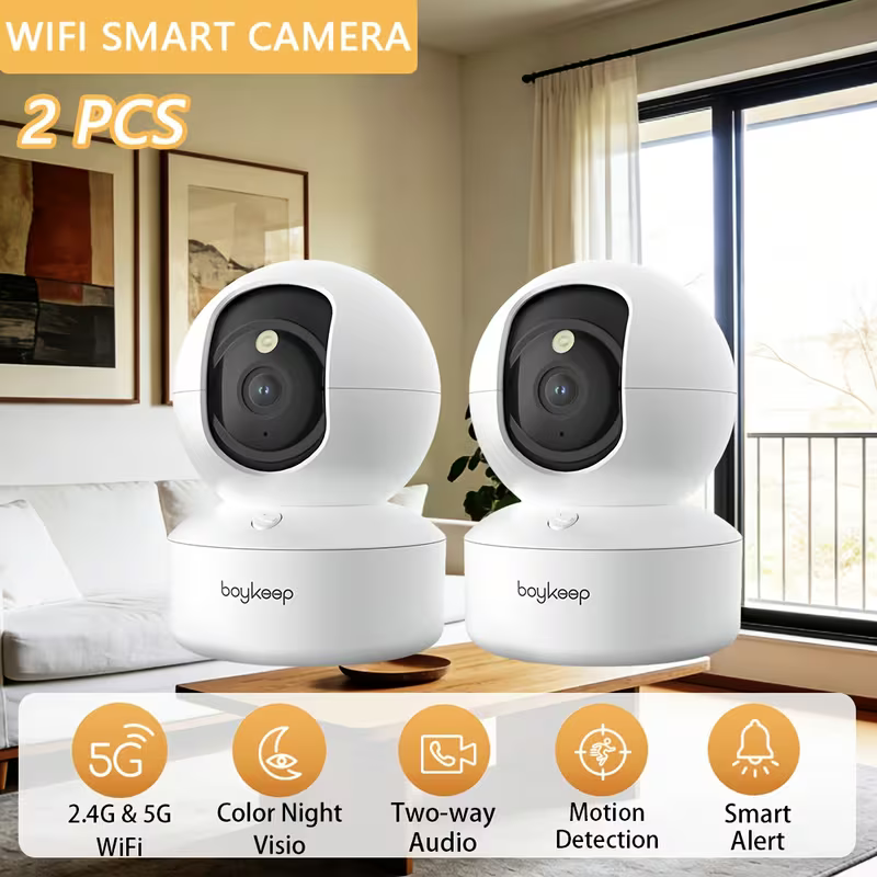 Juego de 2 Cámaras de Seguridad Inteligentes WiFi 360° HD con Visión Nocturna – Vigilancia Interior 2.4GHz/5GHz