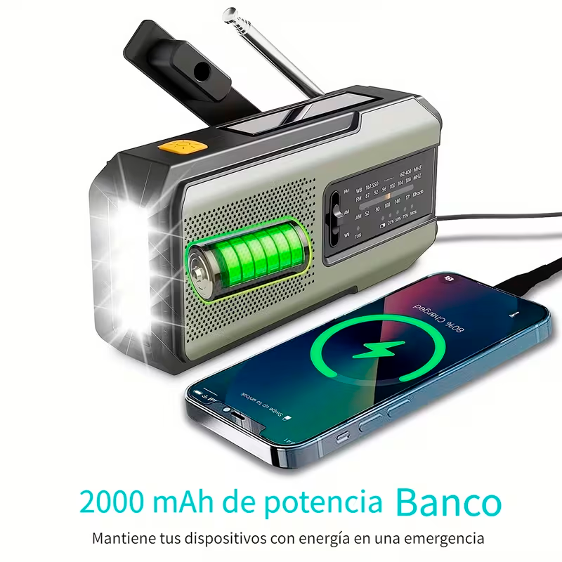 Radio de Emergencia Portátil DAYKIT con Manivela, Panel Solar, Linterna y Alarma SOS