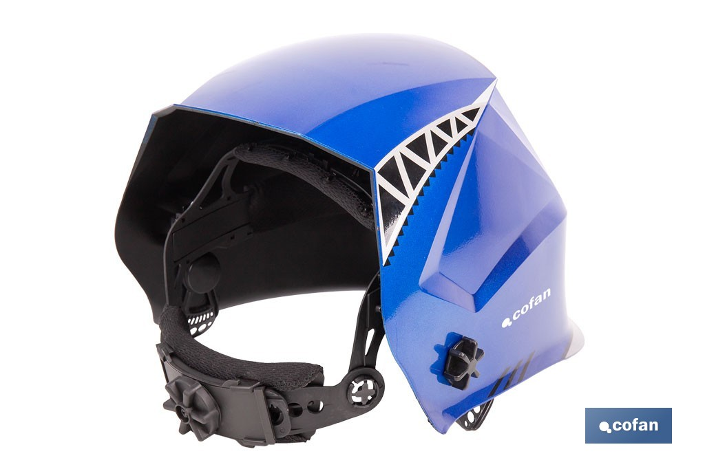Casco de soldadura automático Blue Flying Shark | Solar, oscurecimiento automático DIN 4-9 / DIN 9-13 | 4 sensores y visor panorámico | Adecuado para soldadura tipo ARC, MIG, MAG y TIG