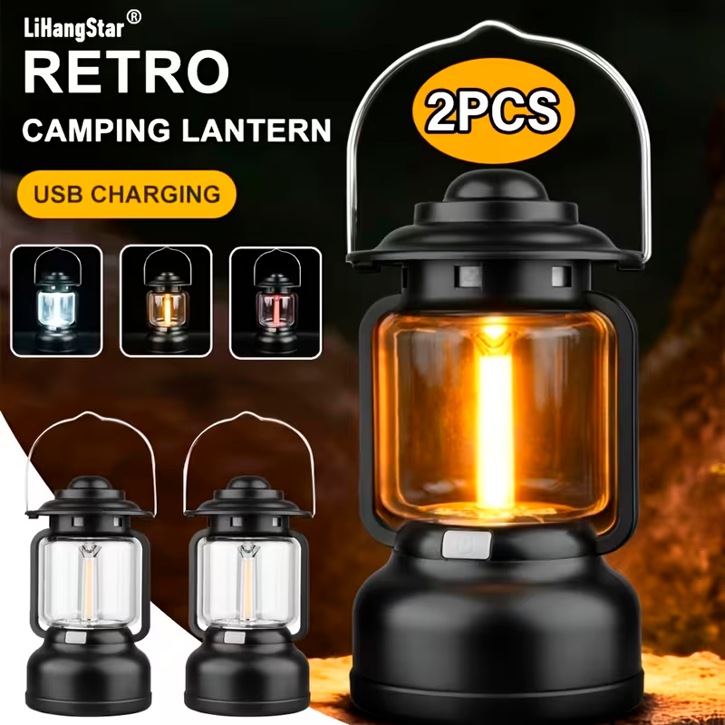 Pack de 2 Lámparas LED Vintage Recargables para Camping con 7 Modos de Iluminación