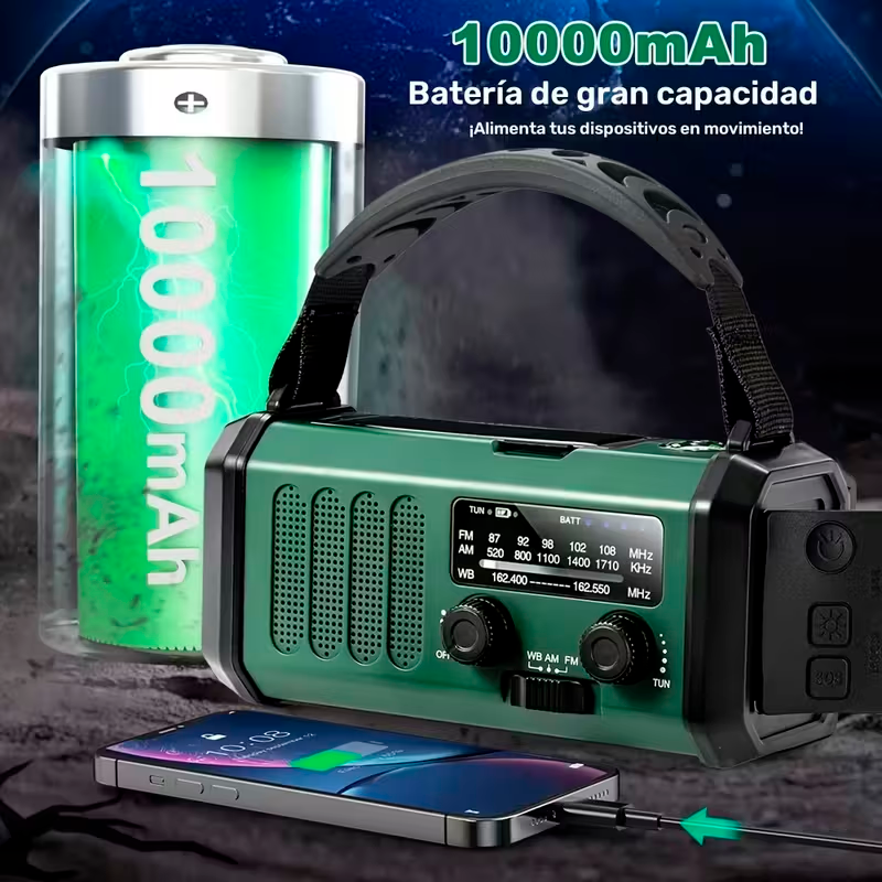 Radio de Emergencia Multifunción 10000 mAh con Carga Solar, Manivela, Linterna y Alarma SOS