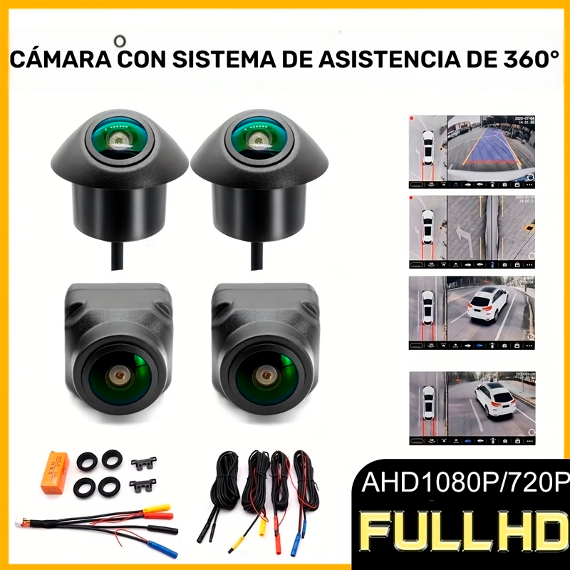 Cámara 360° Panorámica con Visión Nocturna 1080P para Conducción y Estacionamiento