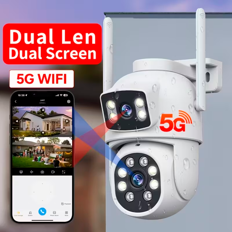 Cámara de Seguridad Exterior de Doble Lente 1920P con PTZ 355°, WiFi 2.4/5G y Detección AI