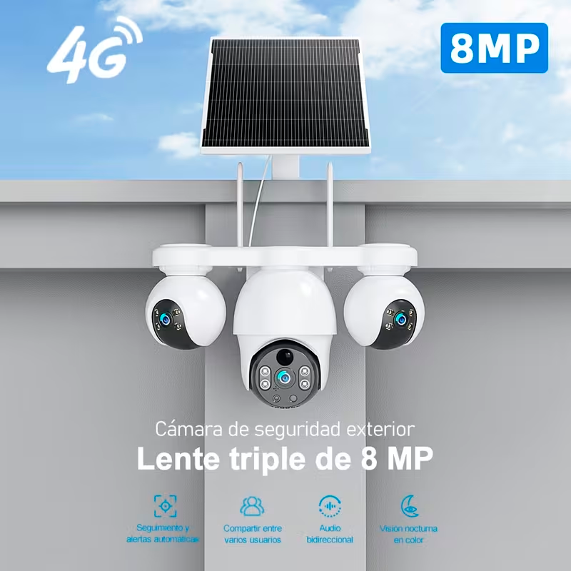 Cámara de Seguridad Solar Exterior 8MP 4G con Triple Lente, Visión 360° y Detección PIR de Humanos