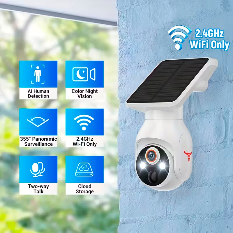 Cámara de Seguridad Inalámbrica Exterior con Panel Solar, WiFi 2.4GHz y Visión Nocturna a Color 1080P