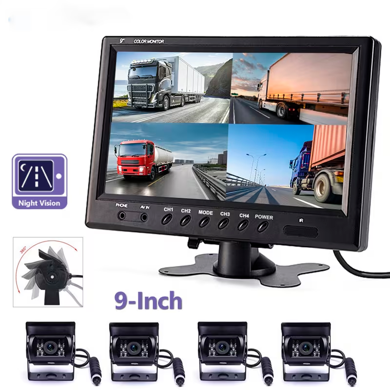 Kit Cámara de Marcha Atrás PODOFO con Monitor 9” Cuádruple y Visión Nocturna IR