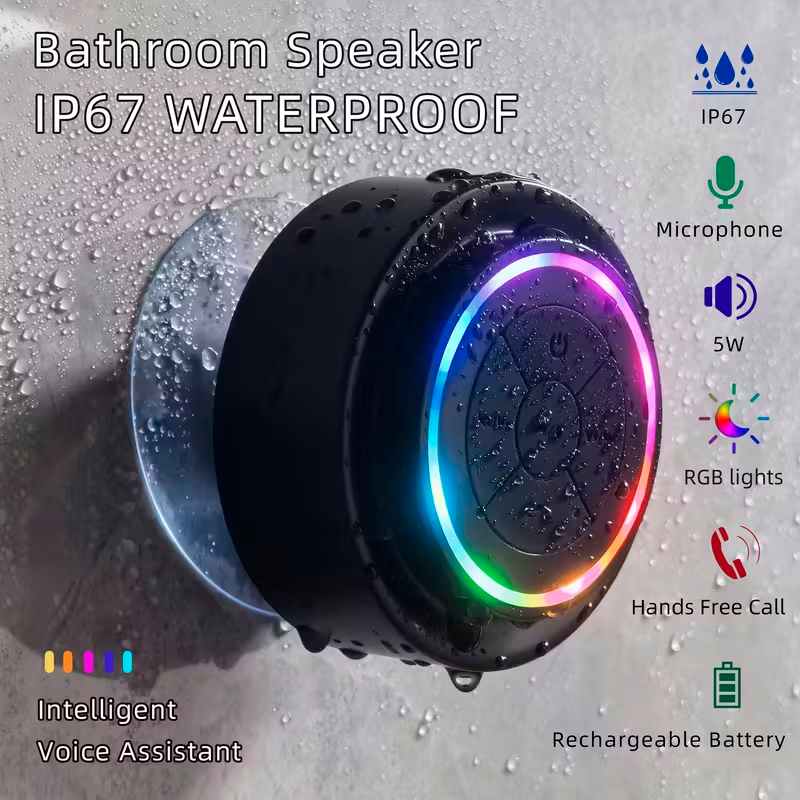 Altavoz Bluetooth para Baño 5W con Micrófono, Ventosa y Luz RGB